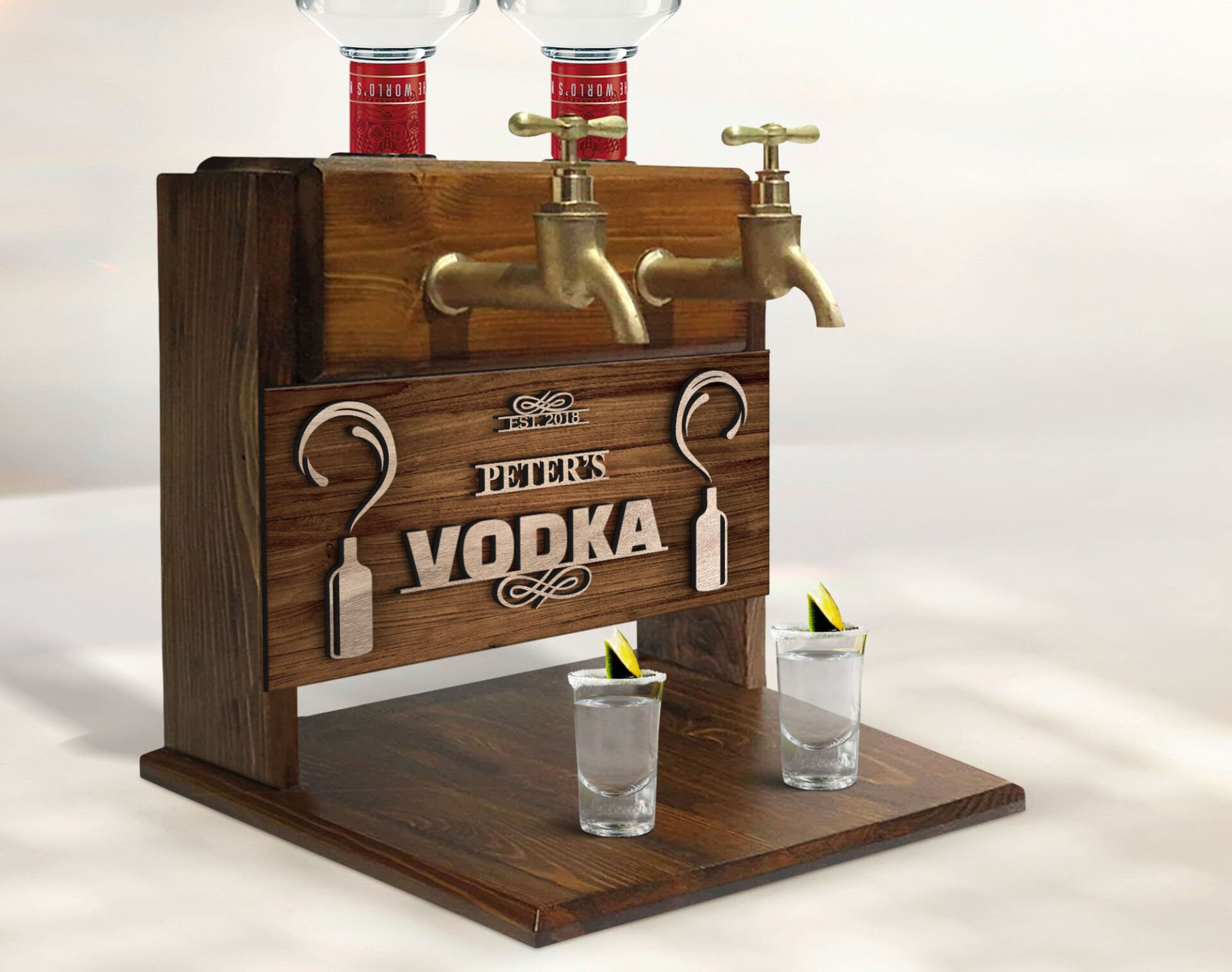 BK Gift Kişiye Özel Kabartma İsimli Çift Musluklu Doğal Ahşap Vodka Standı, İçki Standı, Doğum Günü Hediyesi, Ev Hediyesi, Erkek Hediye-4