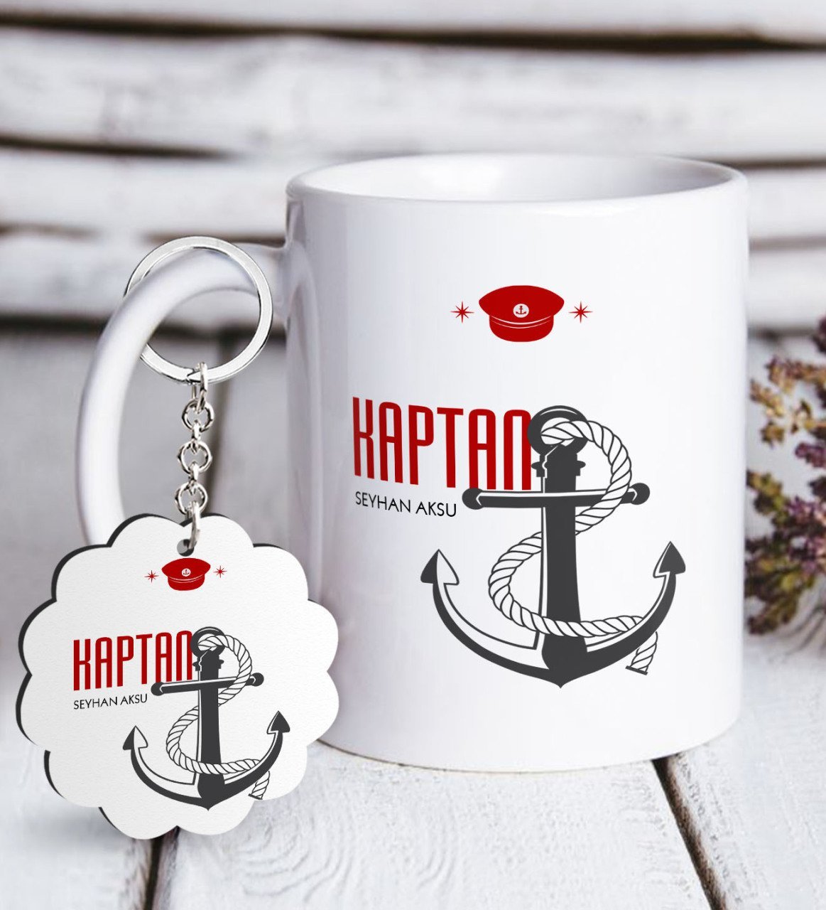 Kişiye Özel Mesleki Kaptan Beyaz Kupa ve Anahtarlık Hediye Seti-1