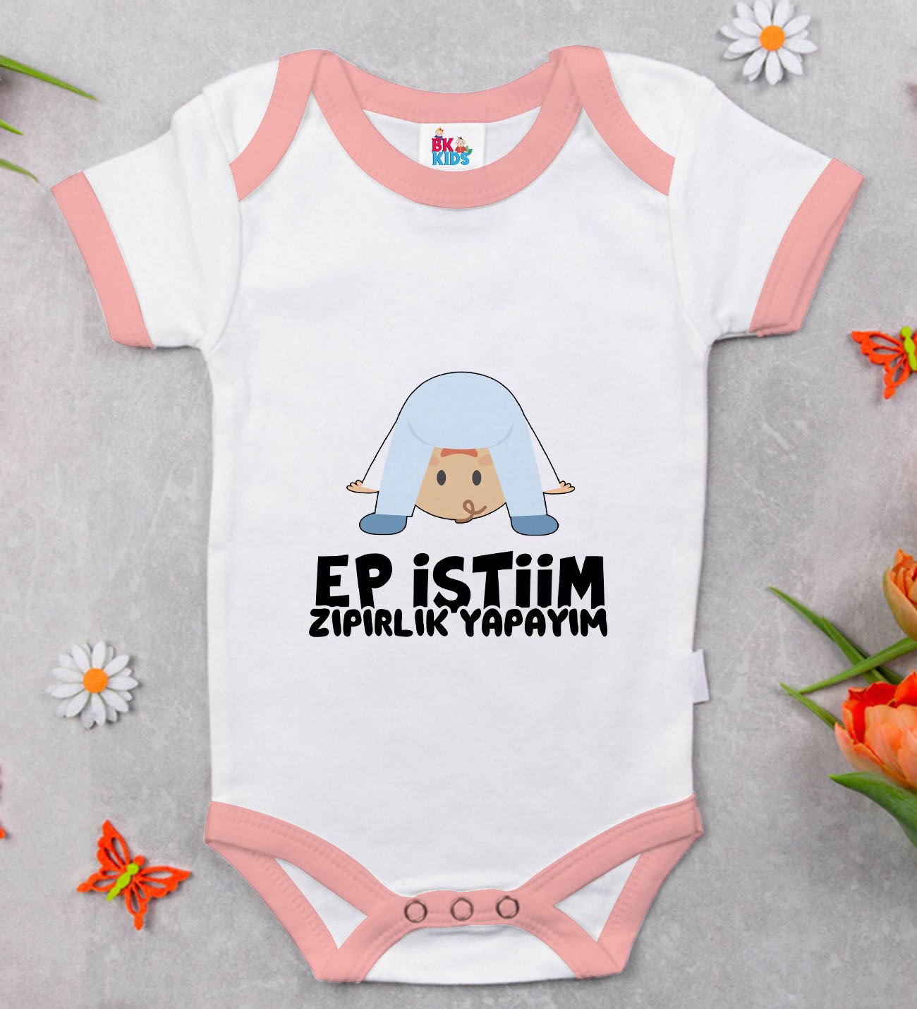 BK Kids Ep İsterim Zıpırlık Tasarımlı Pembe Bebek Body Zıbın-1