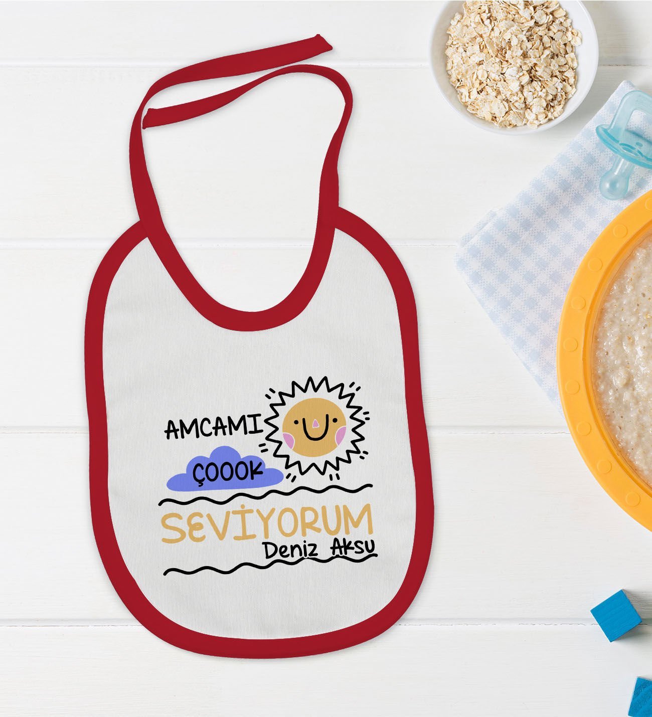 BK Kids Kişiye Özel Amcamı Çok Seviyorum Tasarımlı Kırmızı Bebek Mama Önlüğü-1