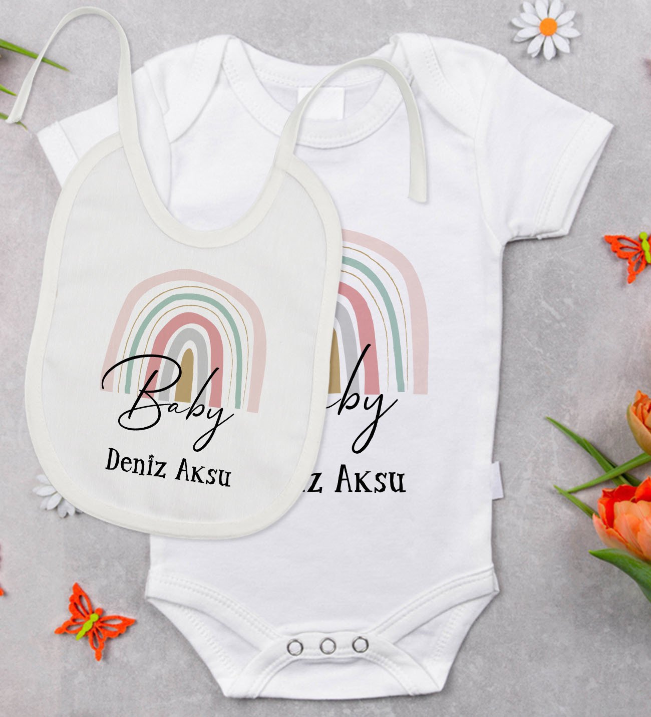 BK Kids Kişiye Özel Baby Tasarımlı Bebek Body Zıbın ve Mama Önlüğü Hediye Seti - Model 1