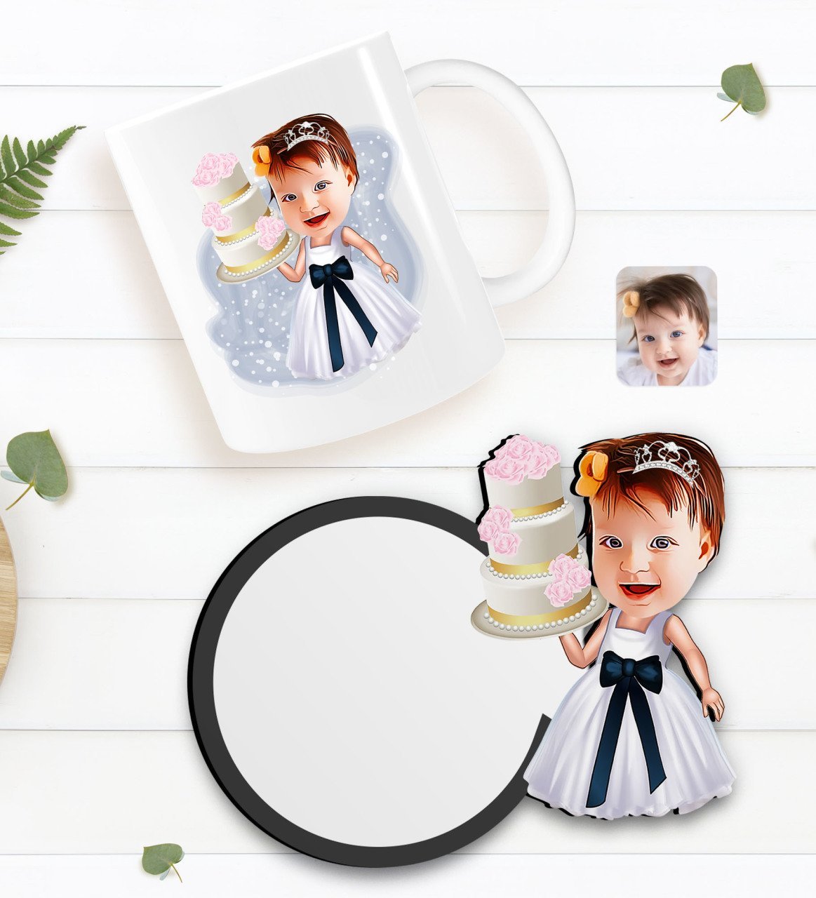 Kişiye Özel Kız Çocuk Doğum Günü Karikatürlü Beyaz Kupa ve Ahşap Bardak Altlığı Hediye Seti-2