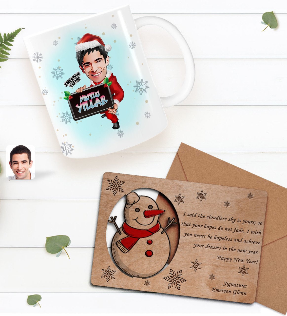 Kişiye Özel Happy New Year Kupa Bardak ve Retro Ahşap Yılbaşı Tebrik Kartı Hediye Seti-13D
