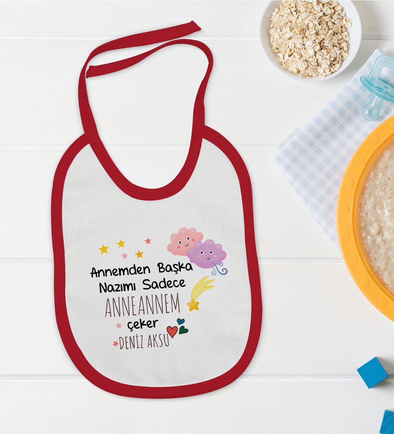 BK Kids Kişiye Özel Anneannem Tasarımlı Kırmızı Bebek Mama Önlüğü-1