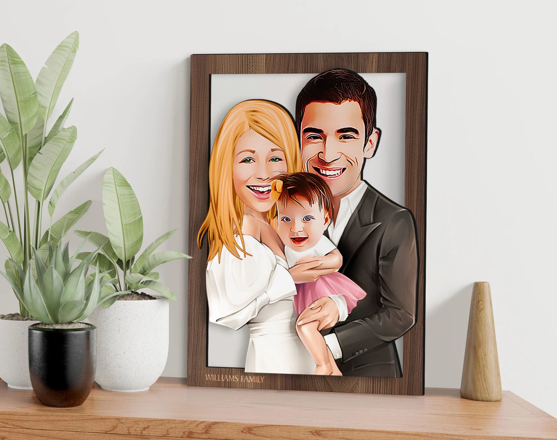 BK Gift Kişiye Özel Aile Karikatürlü 3D Ahşap Tablo-3, Aileye Hediye, Babaya Hediye, Anneye Hediye