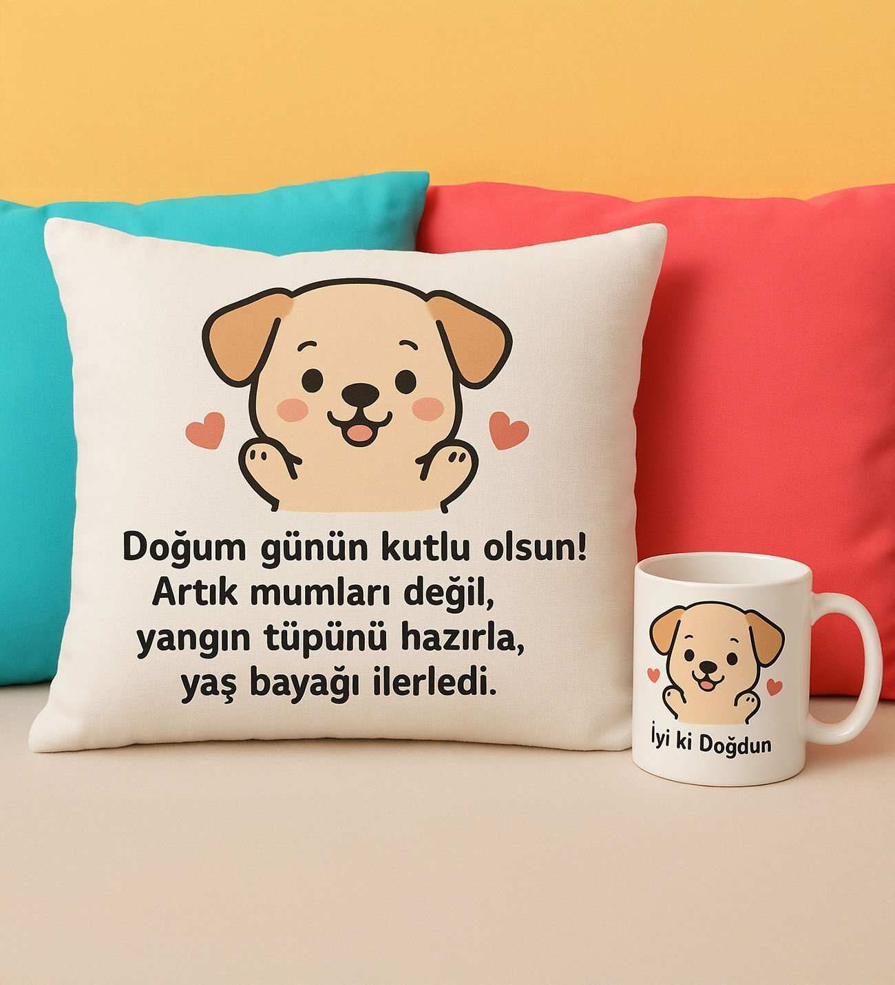BK Gift Kişiye Özel Sevimli Köpek Tasarımlı Beyaz Kırlent Yastık&Beyaz Kupa Bardak-1, Doğum Günü Hediyesi, Arkadaşa Hediye, Sevgiliye Hediye