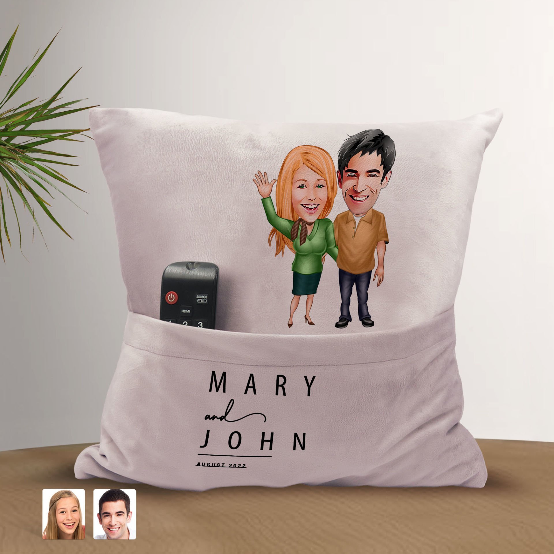 BK Gift Kişiye Özel Sevgililer Karikatür Tasarımlı Organizer Kumanda ve Atıştırmalık Cepli Pembe Kırlent Yastık-110 Arkadaşa Hediye, Cepli Yastık