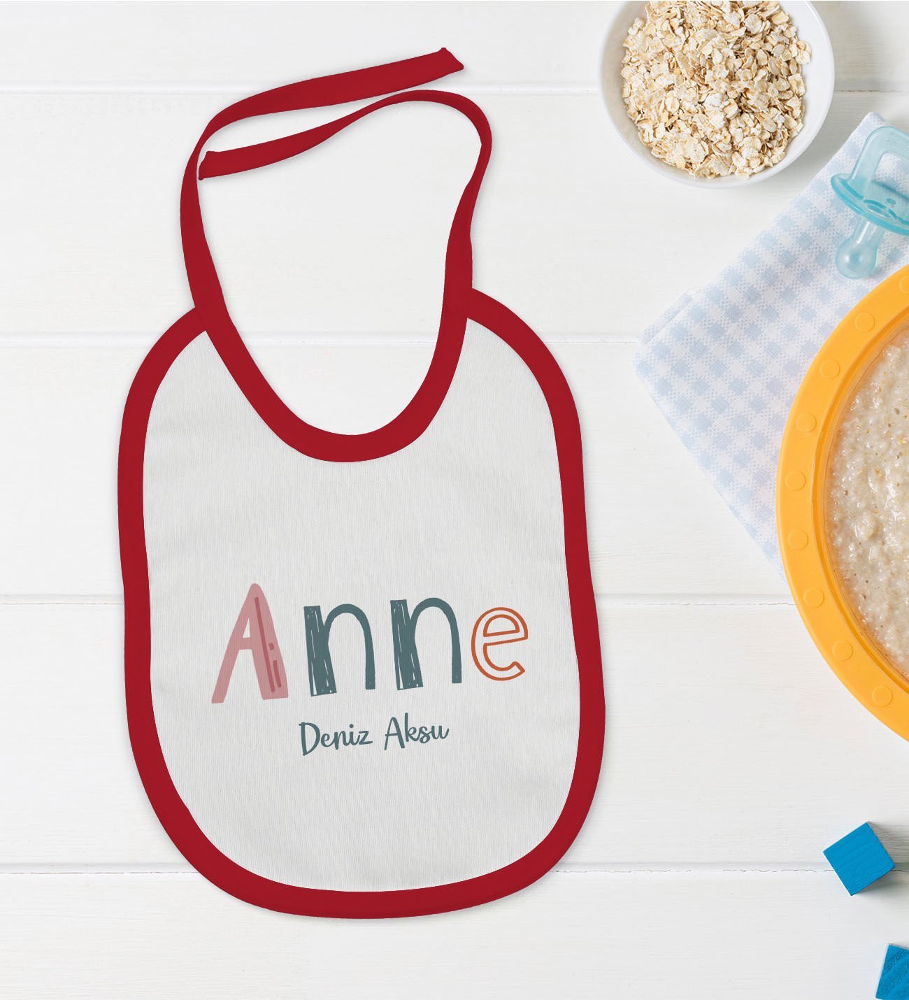 BK Kids Kişiye Özel Anne Tasarımlı Kırmızı Bebek Mama Önlüğü-1