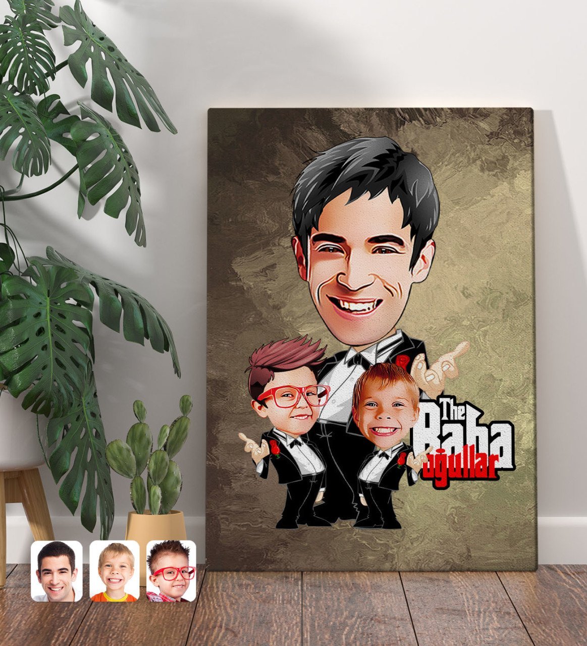 Kişiye Özel Godfather Baba ve Oğullar Karikatürlü Kanvas Tablo 70x100cm-1