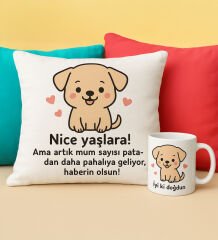 BK Gift Kişiye Özel Mesajlı Sevimli Köpek Tasarımlı Beyaz Kırlent Yastık&Beyaz Kupa Bardak-2, Doğum Günü Hediyesi, Arkadaşa Hediye, Sevgiliye Hediye