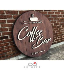 BK Gift Kişiye Özel Dekoratif Yuvarlak Ahşap Coffee Bar Tabelası 43cm - Model 1