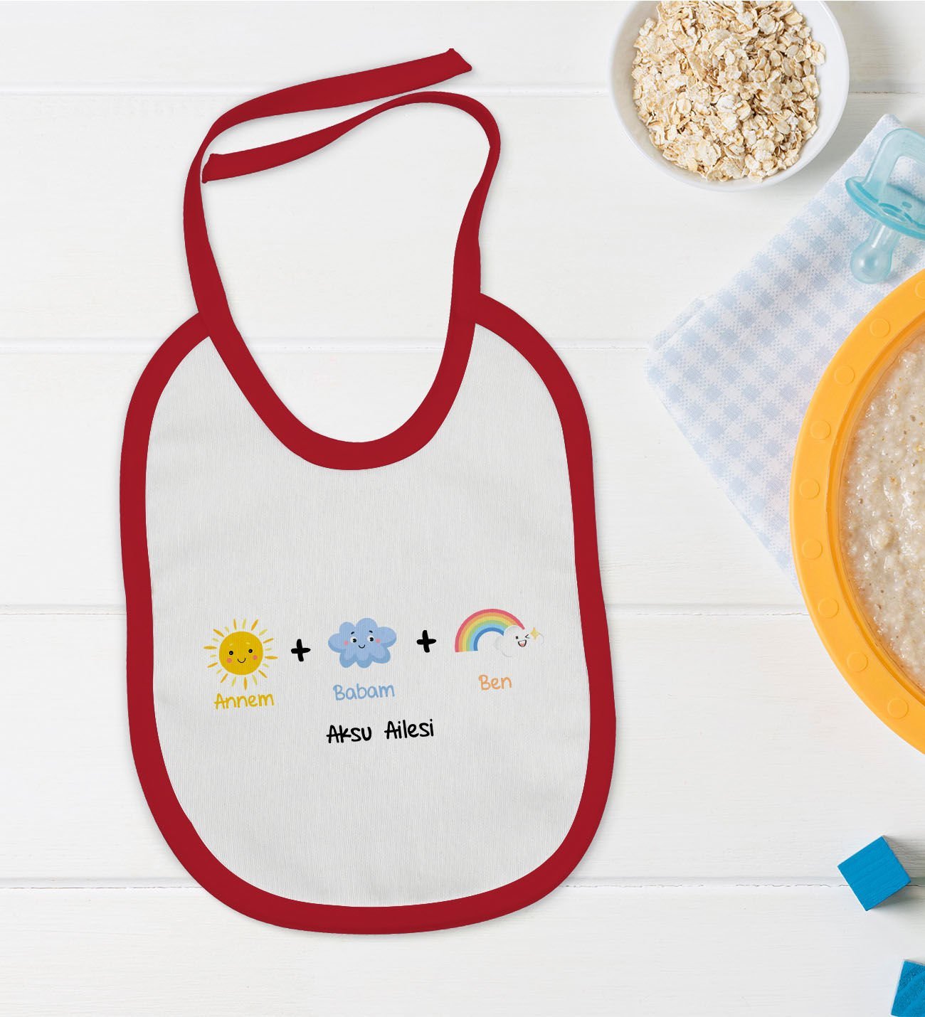 BK Kids Kişiye Özel Annem Babam Ben Tasarımlı Kırmızı Bebek Mama Önlüğü-1