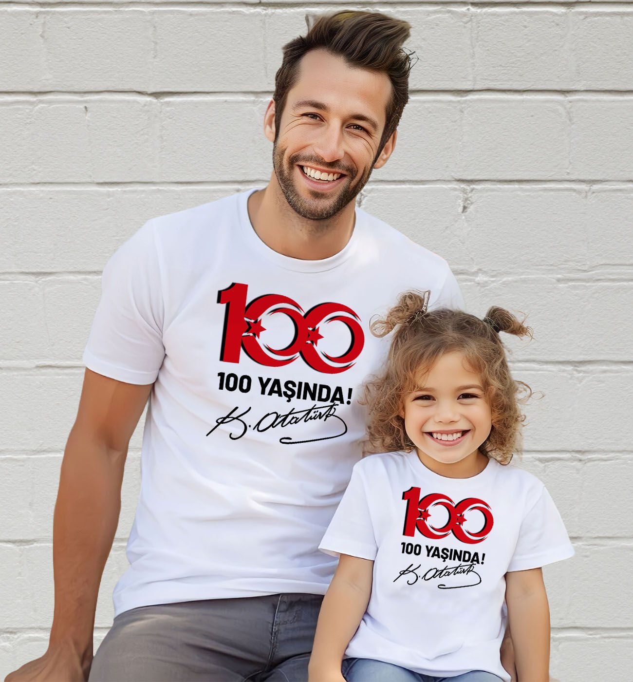 BK Gift 29 Ekim Tasarımlı 2’li Baba-Kız Beyaz Tişört-1, 29 Ekim Hediyesi, Trend Tişört, 100.Yıl Hediyesi