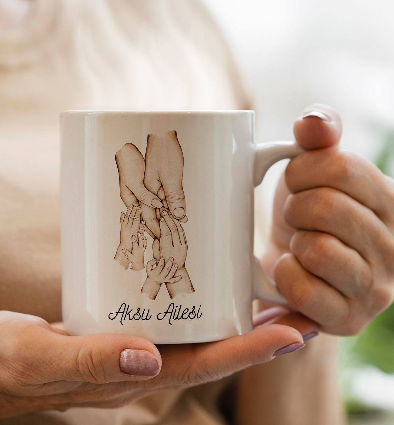 BK Gift Kişiye Özel Aile El Tasarımlı Beyaz Kupa Bardak -1, Anneye Hediye, Yeni Doğum Hediyesi