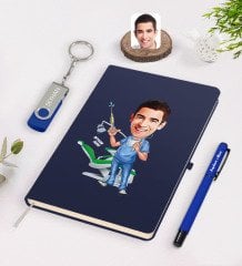Kişiye Özel Erkek Diş Hekimi Karikatürlü Lacivert Defter Kalem 32gb USB Bellek Hediye Seti-4