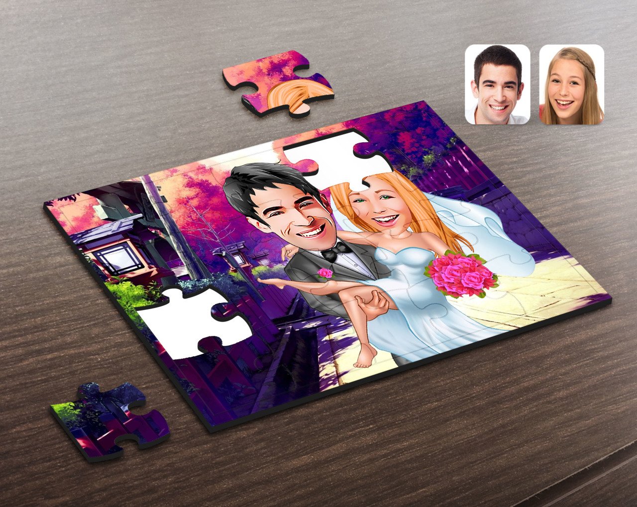 Kişiye Özel Evleniyoruz Karikatürlü Ahşap Puzzle-9