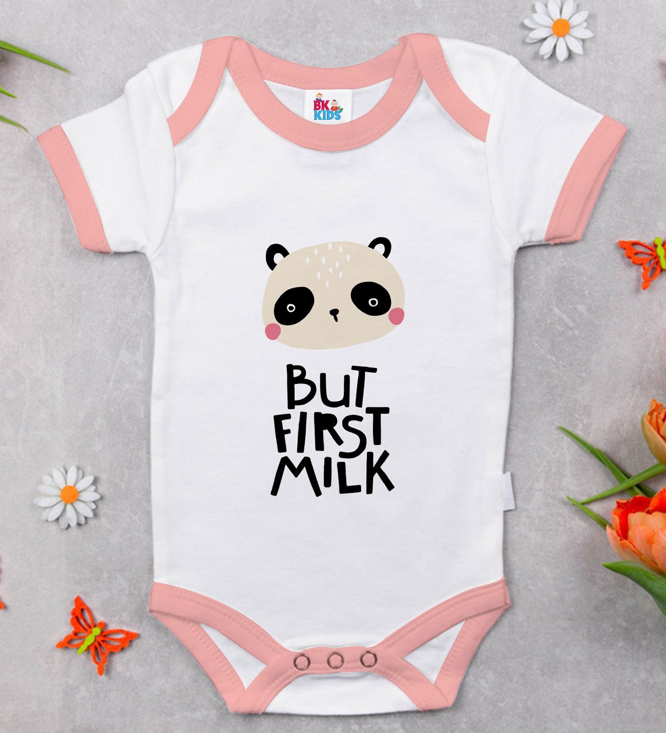 BK Kids But First Milk Tasarımlı Pembe Bebek Body Zıbın-1