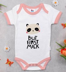 BK Kids But First Milk Tasarımlı Pembe Bebek Body Zıbın-1