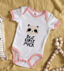 BK Kids But First Milk Tasarımlı Pembe Bebek Body Zıbın-1