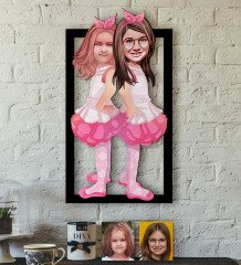Kişiye Özel Kız Kardeşler Karikatürlü 3D Ahşap Tablo-3