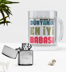 Kişiye Özel Dünyanın En İyi Babası Cam Kupa Bardak Benzinli Metal Çakmak Seti-1