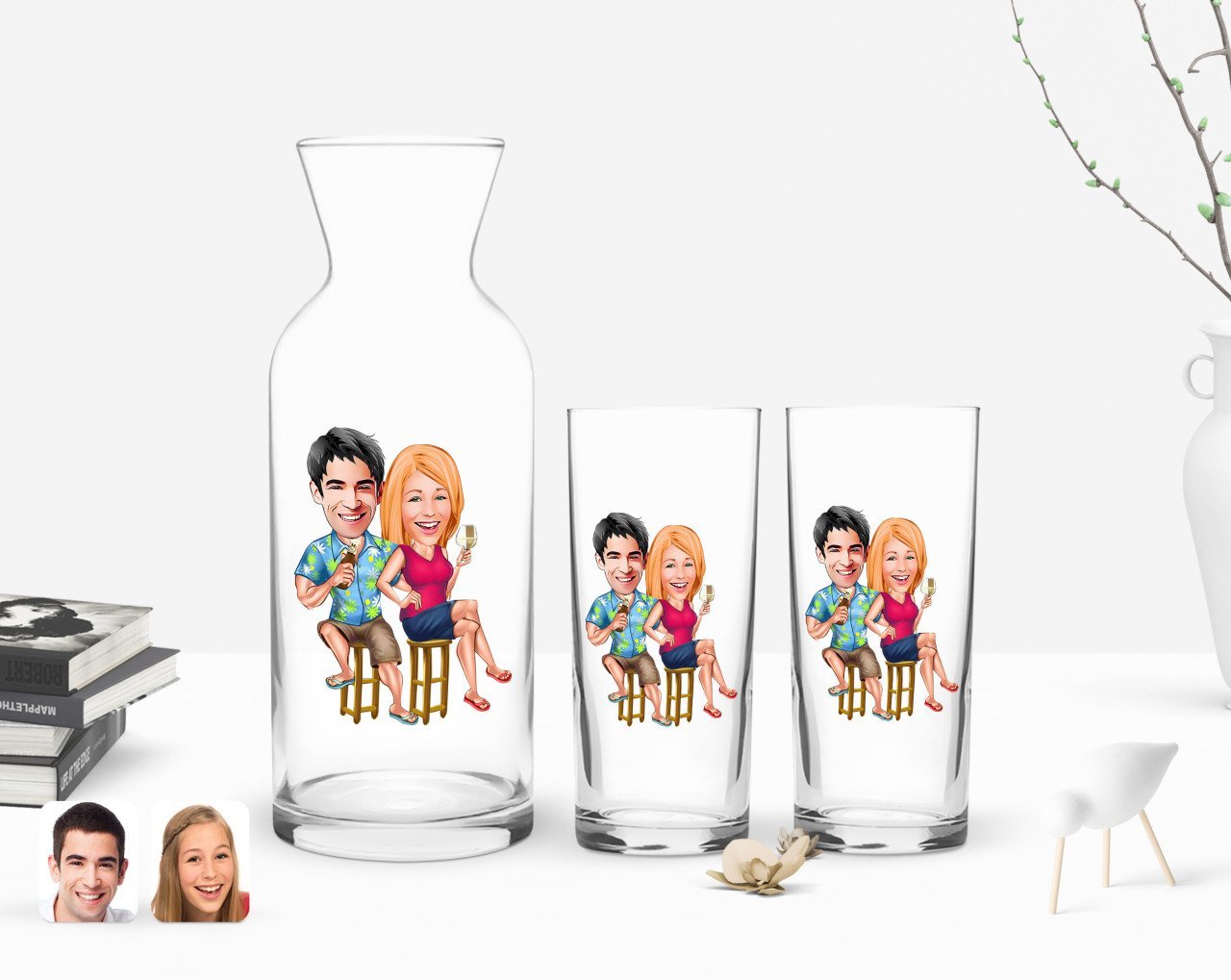 Kişiye Özel Renkli Baskılı Sevgililer Karikatürlü İkili Rakı Bardağı ve Karaf Hediye Seti-51