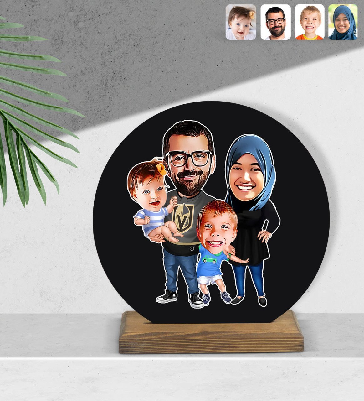 Kişiye Özel Tesettürlü Aile Karikatürlü Yuvarlak Ahşap Biblo-3