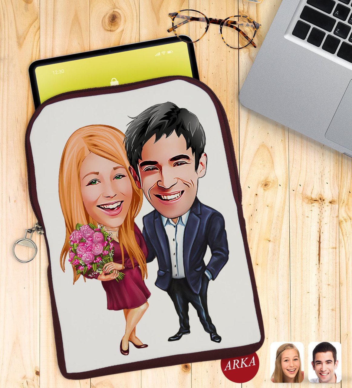 Kişiye Özel Sevgililer Karikatürlü Taşınabilir Koruyucu Tablet Kılıfı & Organizer Çanta - Bordo-94