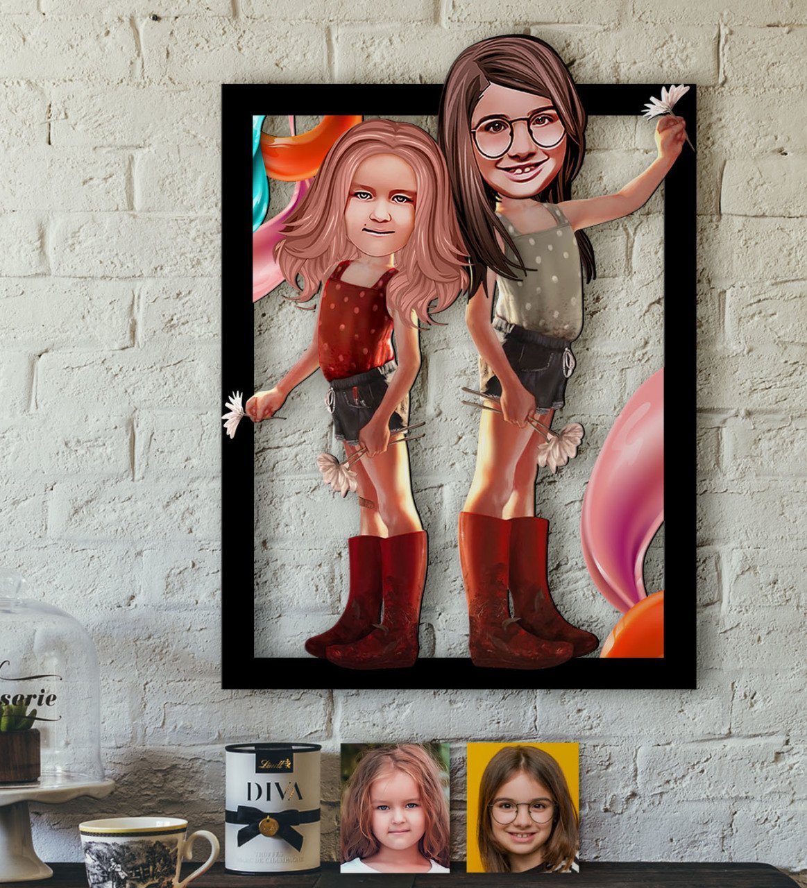 Kişiye Özel Kız Kardeşler Karikatürlü 3D Ahşap Tablo-5