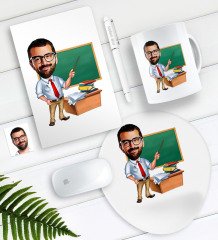 Kişiye Özel Bay Öğretmen Karikatürlü Defter Kalem Kupa Mouse Pad Seti