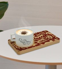 Kişiye Özel Retro Motif Tasarımlı Doğal Ahşap Tabaklı Seramik Fincan Sunum Seti  Model 2