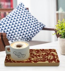 Kişiye Özel Retro Motif Tasarımlı Doğal Ahşap Tabaklı Seramik Fincan Sunum Seti  Model 2