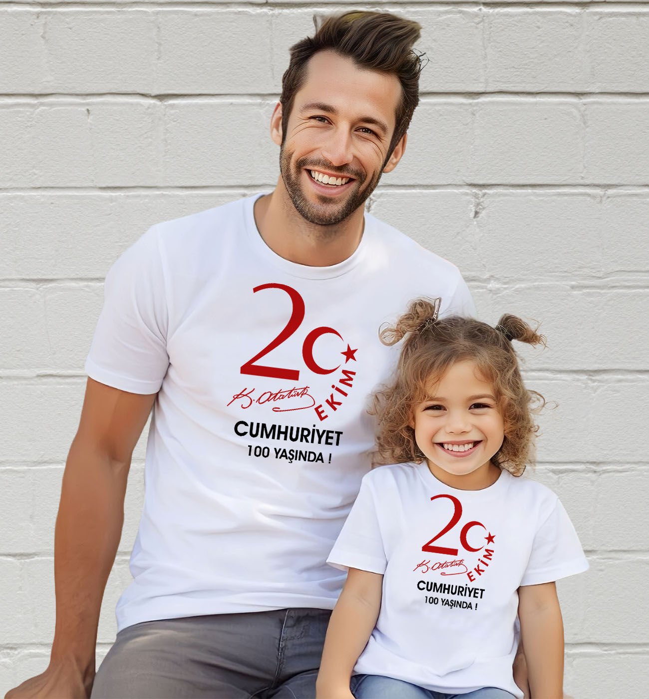 BK Gift 29 Ekim Tasarımlı 2’li Baba-Kız Beyaz Tişört-4, 29 Ekim Hediyesi, Trend Tişört, 100.Yıl Hediyesi