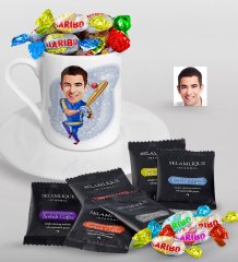 Kişiye Özel Erkek Baseball Oyuncusu Karikatürlü Türk Kahvesi Fincanı Selamlique Karışık Türk Kahvesi ve Haribo Şeker Hediye Seti-1