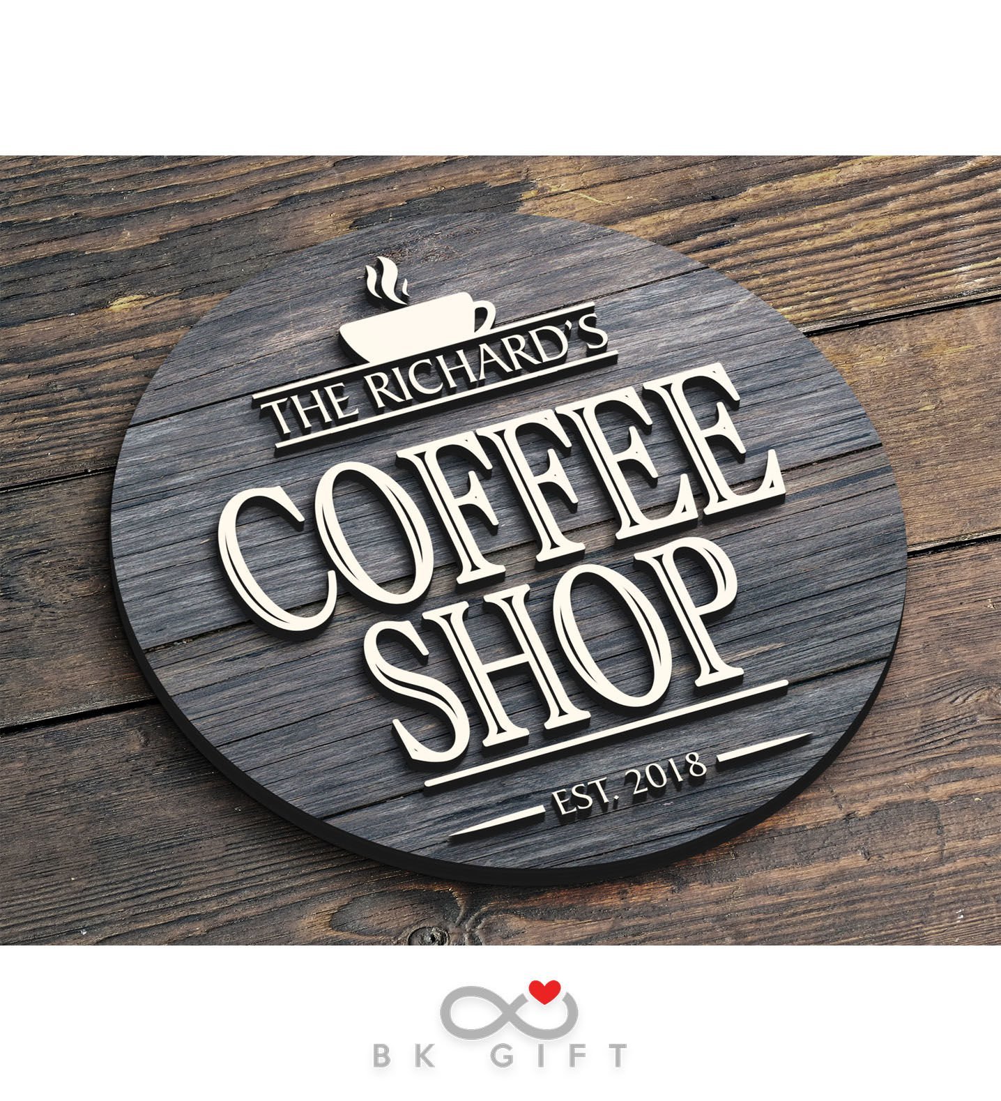 BK Gift Kişiye Özel Dekoratif Yuvarlak Ahşap Coffee Shop Tabelası 43cm - Model 2