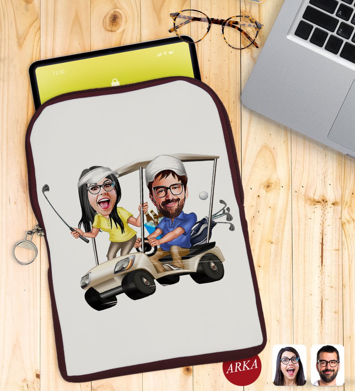 Kişiye Özel Sevgililer Karikatürlü Taşınabilir Koruyucu Tablet Kılıfı & Organizer Çanta - Bordo-96
