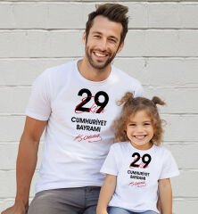 BK Gift 29 Ekim Tasarımlı 2’li Baba-Kız Beyaz Tişört-5, 29 Ekim Hediyesi, Trend Tişört, 100.Yıl Hediyesi