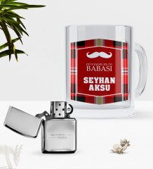 Kişiye Özel Dünyanın En İyi Babası Cam Kupa Bardak Benzinli Metal Çakmak Seti-4