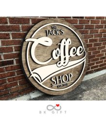 BK Gift Kişiye Özel Dekoratif Yuvarlak Ahşap Coffee Shop Tabelası 43cm - Model 3