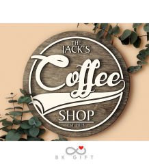 BK Gift Kişiye Özel Dekoratif Yuvarlak Ahşap Coffee Shop Tabelası 43cm - Model 3