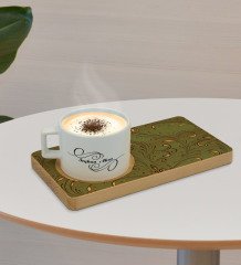 Kişiye Özel Retro Motif Tasarımlı Doğal Ahşap Tabaklı Seramik Fincan Sunum Seti  Model 4