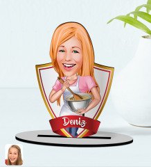 Kişiye Özel İsimli Kadın Chef Karikatürlü Ahşap Biblo Model