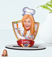 Kişiye Özel İsimli Kadın Chef Karikatürlü Ahşap Biblo Model-1