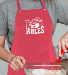 BK Gift Profesyonel My Kitchen My Rules Tasarımlı Kırmızı Mutfak Önlüğü, Aşçı Önlüğü, Şef Önlüğü, Ev Hediyesi, Arkadaşa Hediye-1