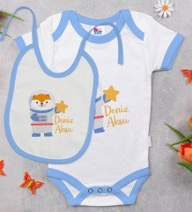 BK Kids Kişiye Özel Sevimli Astronot Tasarımlı Mavi Bebek Body Zıbın ve Mama Önlüğü Hediye Seti-3