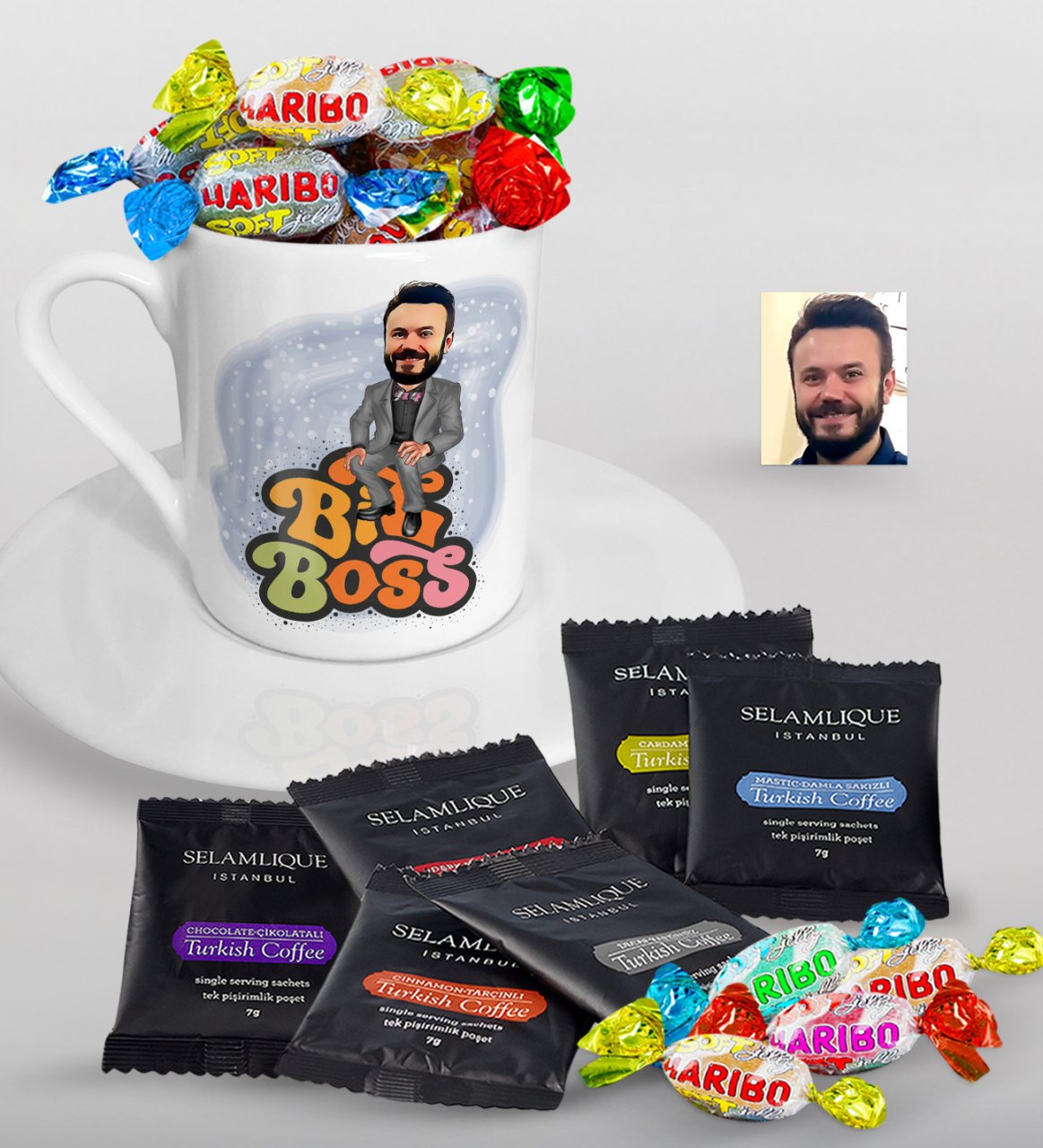 Kişiye Özel Erkek Big Boss Karikatürlü Türk Kahvesi Fincanı Selamlique Karışık Türk Kahvesi ve Haribo Şeker Hediye Seti-3