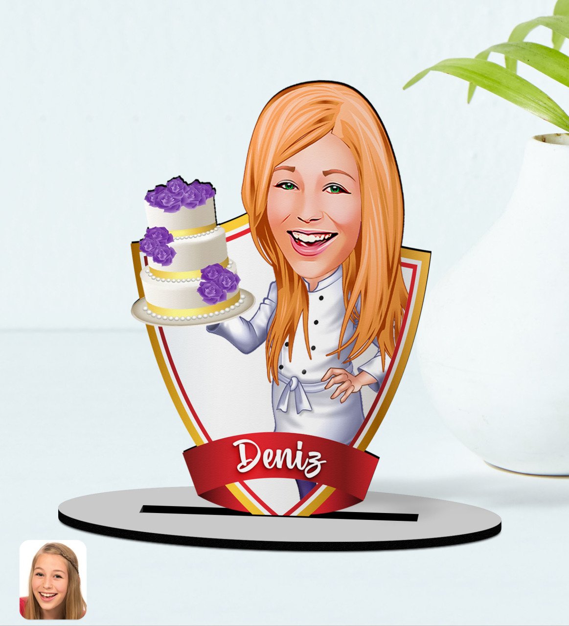 Kişiye Özel İsimli Kadın Chef Karikatürlü Ahşap Biblo Model-2