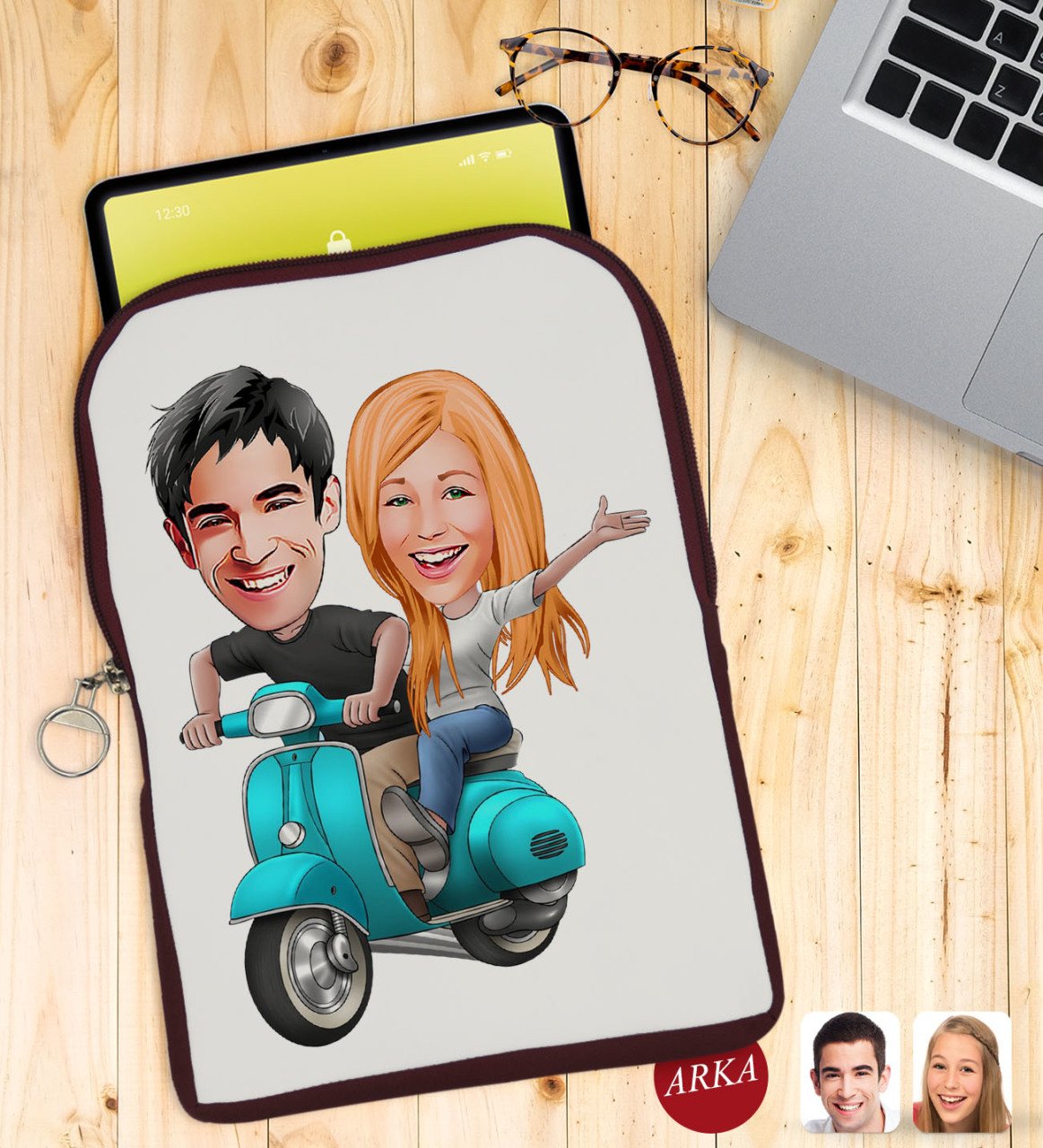 Kişiye Özel Sevgililer Karikatürlü Taşınabilir Koruyucu Tablet Kılıfı & Organizer Çanta - Bordo-99