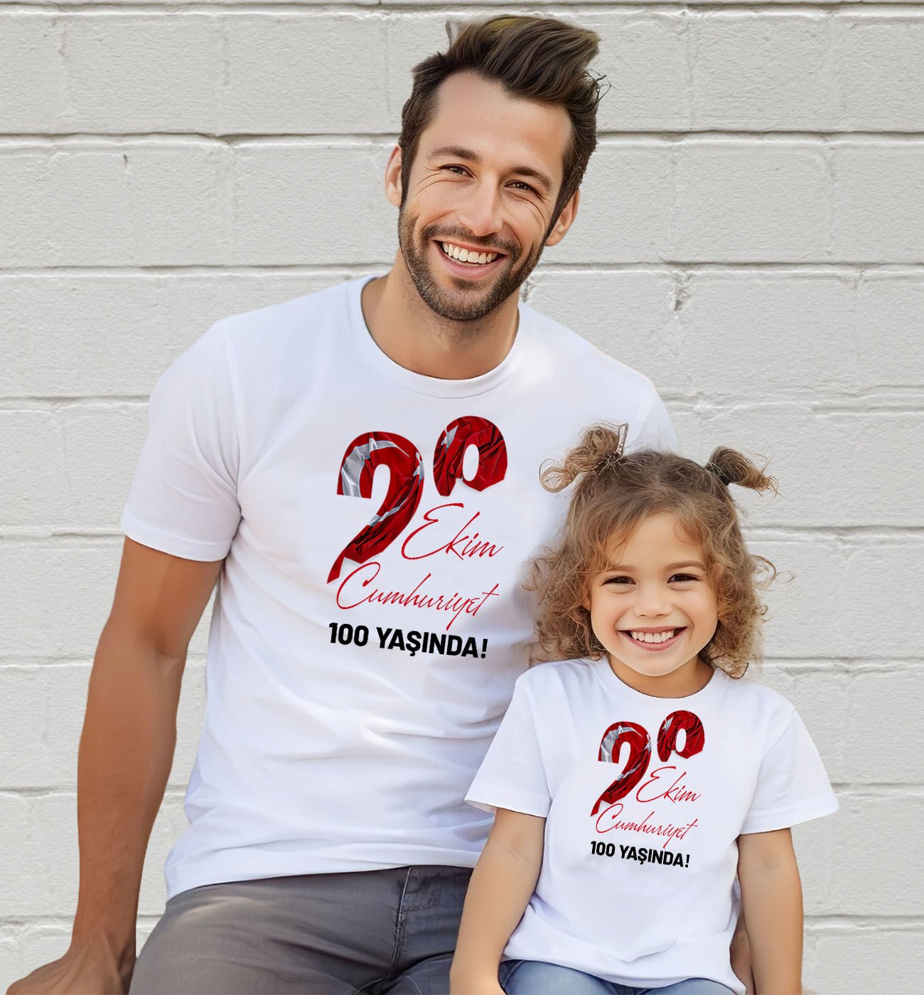 BK Gift 29 Ekim Tasarımlı 2’li Baba-Kız Beyaz Tişört-8, 29 Ekim Hediyesi, Trend Tişört, 100.Yıl Hediyesi
