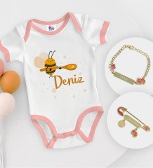 BK Kids Kişiye Özel İsimli Pembe Bebek Body Zıbın Kız Bebek Künyesi ve İğnesi Hediye Seti-35